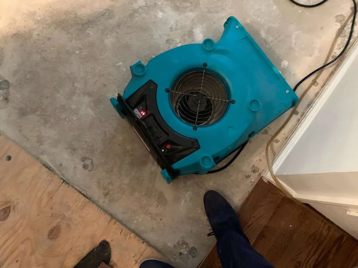 Air mover drying subfloor during Leak Detection & Repair in Pasadena